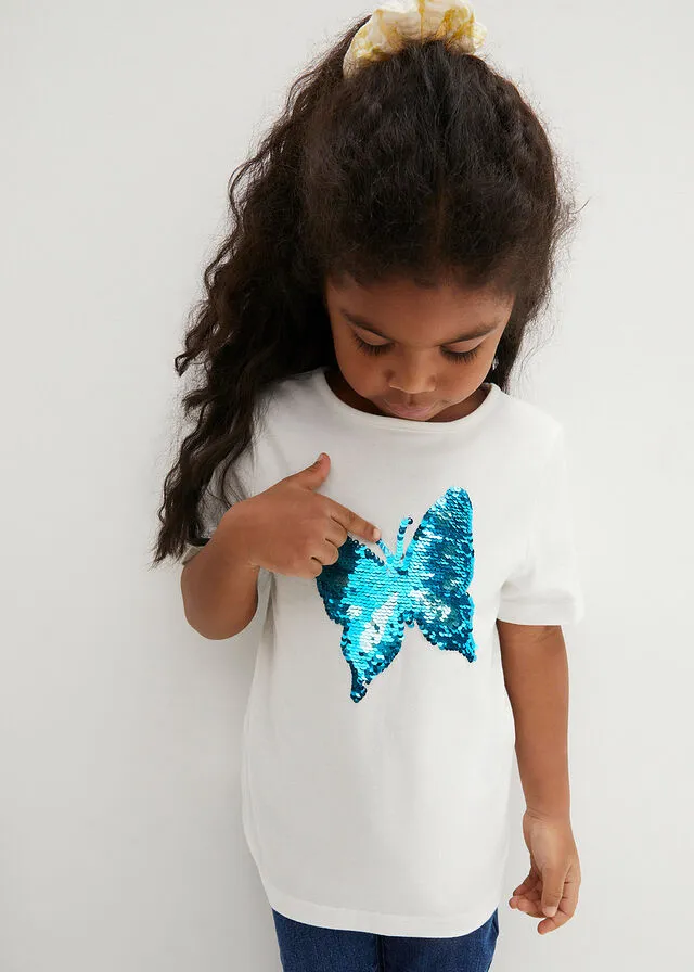 Camiseta de algodón orgánico para niñas (2 unidades) Blanco lana/celeste